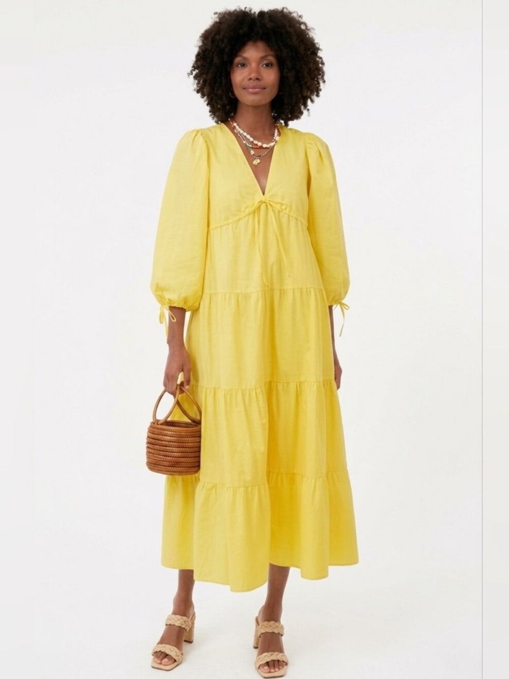 NEW Hyacinth House Mila Tiered Midi Dress in Yellow Size XS